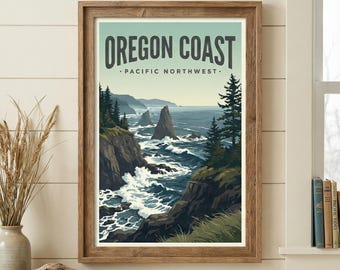 May include: Framed print featuring the Oregon Coast. The artwork depicts a coastal scene with ocean waves crashing against rocky cliffs, with the text "OREGON COAST - PACIFIC NORTHWEST" in a vintage style. The frame is made of wood.