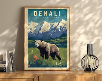 Denali National Park Grizzly Bear Vintage Travel Poster, Alaska Wildlife Art Print