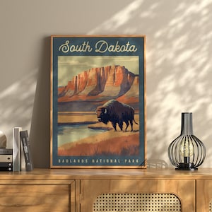 Badlands National Park Travel Poster | Badlands Travel Poster | Montana Travel Art | South Dakota Buffalo Travel Poster  | Badlands