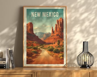 May include: A vintage-style travel poster featuring a scenic landscape of red rock formations in New Mexico. The poster has a blue and white color scheme and the text "NEW MEXICO" in bold white letters.