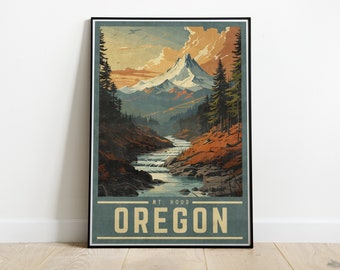 Könnte beinhalten: Vintage-Reiseposter mit einer malerischen Aussicht auf den Mount Hood in Oregon. Das Poster hat eine Retro-Farbpalette mit einer Bergkette, einem Fluss und Bäumen. Der Text "MT. HOOD OREGON" befindet sich am unteren Rand des Posters.