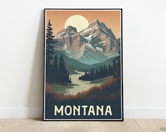 May include: A vintage travel poster design featuring a mountain range with a lake in the foreground. The sky is a warm orange color with a large white sun. The text "MONTANA" is at the bottom of the poster.