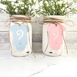 Gender Reveal Onesie Baby Shower Decorations Mason Jar Tags Gender Reveal Decorations Gender Reveal Baby Shower Centerpiece image 1