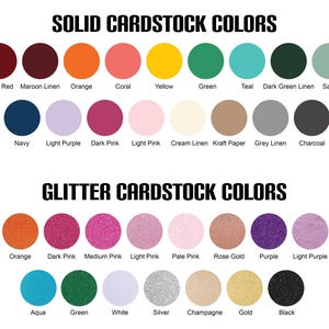 May include: A color chart displaying solid and glitter cardstock colors. The solid colors include red, orange, yellow, green, blue, and various shades. Glitter colors include red, orange, pink, purple, blue, and metallic shades like silver and gold. Text labels each color.