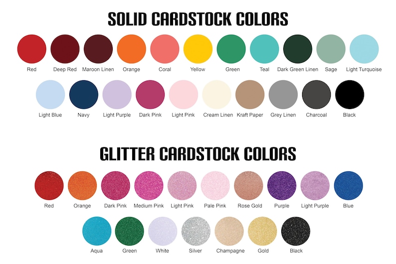 May include: A color chart displaying solid and glitter cardstock colors. The solid colors include red, orange, yellow, green, blue, and various shades. Glitter colors include red, orange, pink, purple, blue, and metallic shades like silver and gold. Text labels each color.