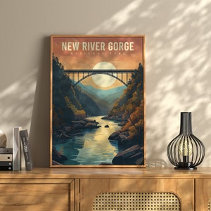 May include: A vintage-style poster featuring a scenic view of New River Gorge National Park. The poster depicts a bridge over a river with lush green trees and a bright blue sky. The text "NEW RIVER GORGE NATIONAL PARK" is displayed at the top of the poster.
