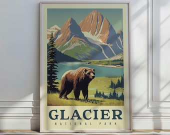 Glacier National Park Grizzly Bear Vintage Travel Poster