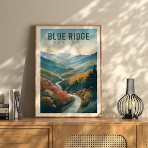 Blue Ridge Parkway Travel Poster, Scenic Mountain Road Art, Appalachian Wall Art, Virginia NC Road Trip Print, Hiker Gift, Cabin Decor
