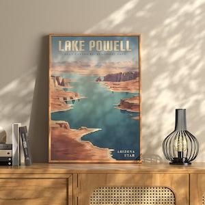 Lake Powell Print, Vintage Utah Arizona Travel Poster, Glen Canyon Wall Art, Desert Lake Decor, Hiker Gift