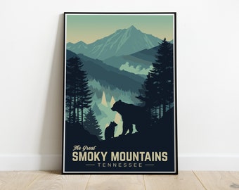 Smoky Mountains National Park Vintage Travel Poster, Tennessee Cabin Nature Art