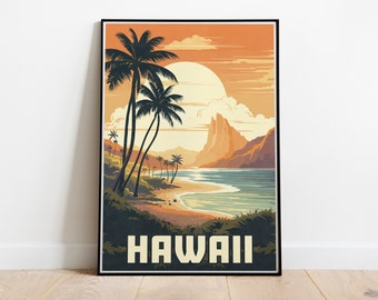 May include: A vintage travel poster with a sunset scene of palm trees, a beach, and a mountain range. The text "HAWAII" is printed in white letters at the bottom of the poster.