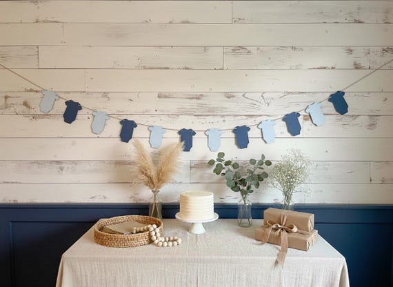 Blue Onesie Banner, Baby Boy Shower Garland, Little Man Party Decor, DIY Onesie Cutouts, It's a Boy, Cardstock Banner