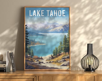 May include: A vintage-style poster with a blue and white illustration of Lake Tahoe, California and Nevada. The poster has the text "LAKE TAHOE" in bold, white letters and "CALIFORNIA - NEVADA" in smaller, white letters.