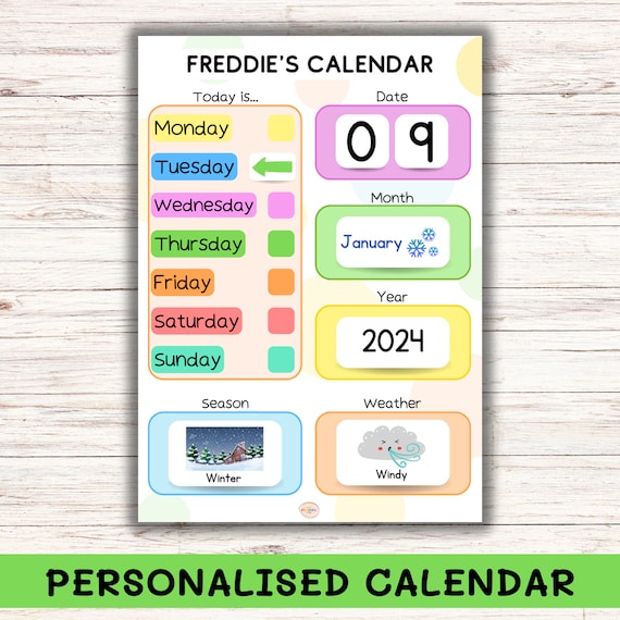 PERSONALISED CALENDAR for KIDS// Children's daily calendar | Days of the week, months, year and seasons | Primary school class calendar