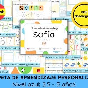 May include: A colorful printable Spanish learning workbook for children ages 3.5 to 5. The workbook features activities such as tracing numbers, matching uppercase and lowercase letters, and finding missing numbers. The cover of the workbook is blue and features the text "CARPETA DE APRENDIZAJE PERSONALIZADA" and "Nivel azul: 3.5 - 5 años".