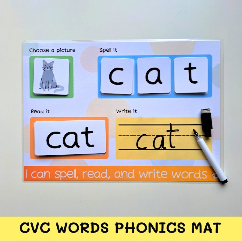 May include: A colorful phonics learning mat with a picture of a cat, the word "cat" spelled out, and a space to write the word. The mat is designed for children learning to read and write.