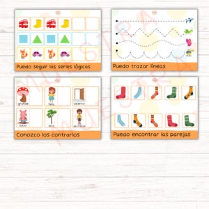 Puede incluir: Cuatro tarjetas coloridas con actividades educativas para ni&ntilde;os. La primera tarjeta muestra un autob&uacute;s, botas y tri&aacute;ngulos. La segunda tarjeta tiene una l&iacute;nea punteada para trazar. La tercera tarjeta muestra un hongo, un cerdo, un &aacute;rbol y una persona. La cuarta tarjeta muestra pares de calcetines.