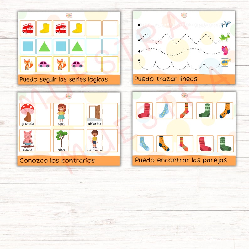 Puede incluir: Cuatro tarjetas coloridas con actividades educativas para ni&ntilde;os. La primera tarjeta muestra un autob&uacute;s, botas y tri&aacute;ngulos. La segunda tarjeta tiene una l&iacute;nea punteada para trazar. La tercera tarjeta muestra un hongo, un cerdo, un &aacute;rbol y una persona. La cuarta tarjeta muestra pares de calcetines.