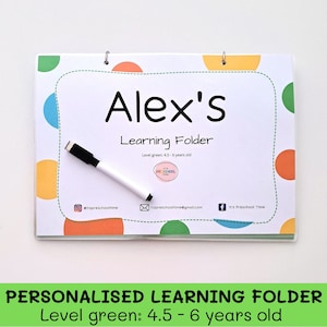 May include: A personalised learning folder with a colourful polka dot design. The folder is labelled "Alex's Learning Folder" and "Level green: 4.5 - 6 years old".
