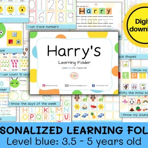 May include: A personalised learning folder for children aged 3.5 to 5 years old. The folder has a blue background with the name "Harry's" and the text "Learning Folder" in white. The folder includes activities such as tracing numbers, sorting shapes, counting objects, identifying initial sounds, and learning the days of the week.