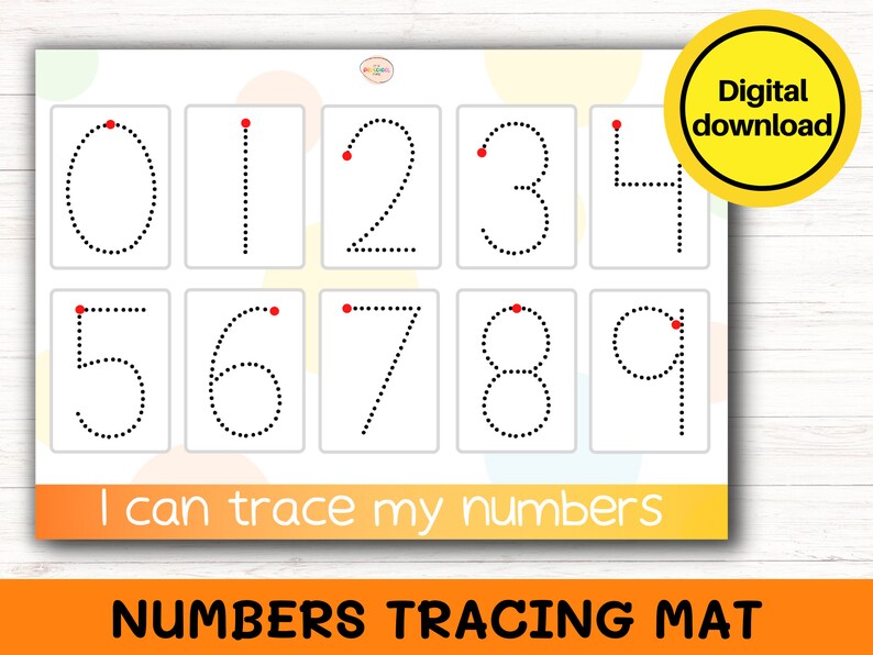 May include: A printable numbers tracing mat for kids. The mat features the numbers 0-9 with dotted lines for tracing. The text "I can trace my numbers" is at the bottom of the mat.
