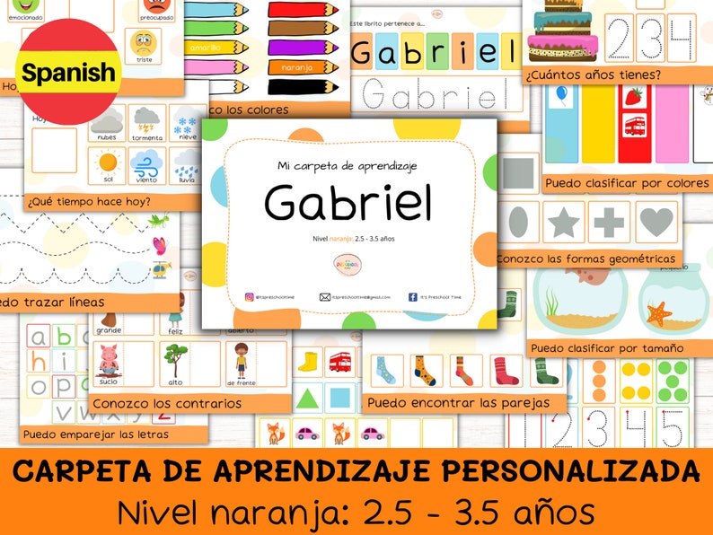 Puede incluir: Un cuaderno de actividades de aprendizaje imprimible colorido para ni&ntilde;os de 2,5 a 3,5 a&ntilde;os. El cuaderno se titula "Carpeta de Aprendizaje Personalizada" y presenta una variedad de actividades, que incluyen trazar l&iacute;neas, hacer coincidir colores, identificar formas y aprender opuestos. El cuaderno est&aacute; dise&ntilde;ado para ni&ntilde;os de habla hispana.