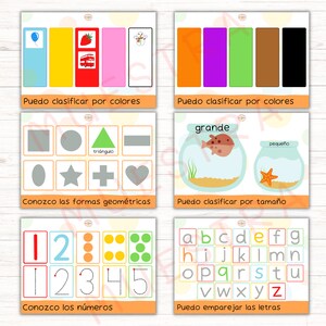 Puede incluir: Cuatro tarjetas coloridas con actividades educativas para ni&ntilde;os. La primera tarjeta muestra un globo azul, un autob&uacute;s amarillo, una fresa roja y un mu&ntilde;eco de nieve rosa. La segunda tarjeta muestra cinco rect&aacute;ngulos de colores. La tercera tarjeta muestra varias formas geom&eacute;tricas. La cuarta tarjeta muestra un pez grande en una pecera y una peque&ntilde;a estrella de mar en una pecera m&aacute;s peque&ntilde;a. La quinta tarjeta muestra los n&uacute;meros del 1 al 5 con puntos y l&iacute;neas para trazar. La sexta tarjeta muestra el alfabeto en letras min&uacute;sculas.