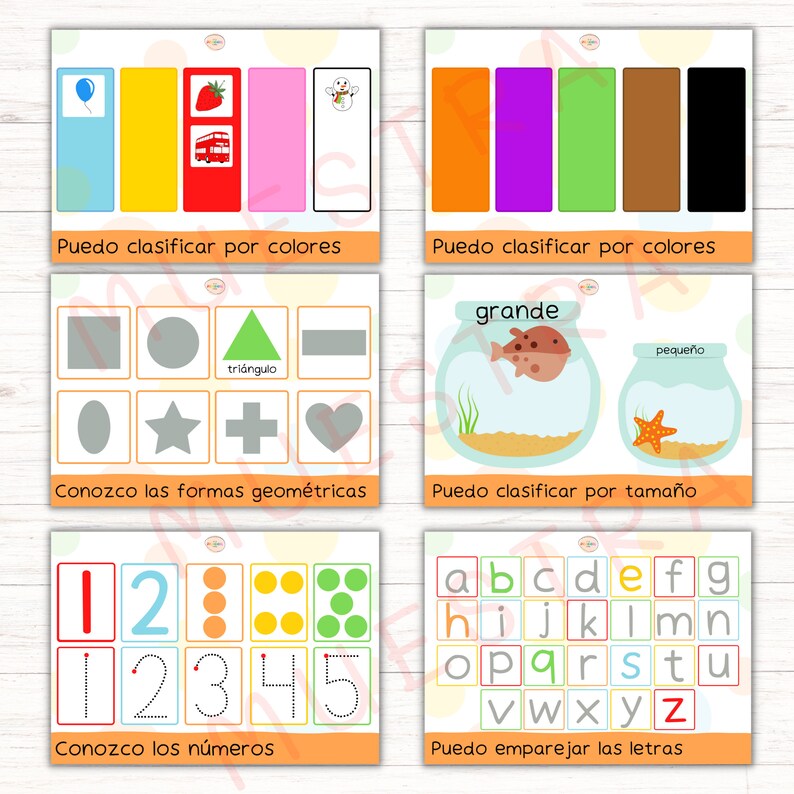 Puede incluir: Cuatro tarjetas coloridas con actividades educativas para ni&ntilde;os. La primera tarjeta muestra un globo azul, un autob&uacute;s amarillo, una fresa roja y un mu&ntilde;eco de nieve rosa. La segunda tarjeta muestra cinco rect&aacute;ngulos de colores. La tercera tarjeta muestra varias formas geom&eacute;tricas. La cuarta tarjeta muestra un pez grande en una pecera y una peque&ntilde;a estrella de mar en una pecera m&aacute;s peque&ntilde;a. La quinta tarjeta muestra los n&uacute;meros del 1 al 5 con puntos y l&iacute;neas para trazar. La sexta tarjeta muestra el alfabeto en letras min&uacute;sculas.