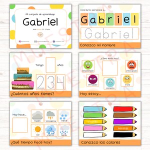 Puede incluir: Una hoja de trabajo imprimible colorida para ni&ntilde;os que aprenden espa&ntilde;ol. La hoja de trabajo presenta un pastel de cumplea&ntilde;os, n&uacute;meros, &iacute;conos del clima y una secci&oacute;n para trazar el nombre "Gabriel".
