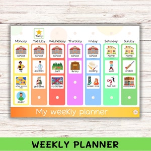 May include: A colourful weekly planner with a grid of seven days, each with a different colour. Each day has a list of activities, including school, doctors, park, library, cooking, walk, cricket, after school club, grandma, no screen, screen time, hair cut, and restaurant. The planner also includes a star icon for "Today" and a section for "My weekly planner".