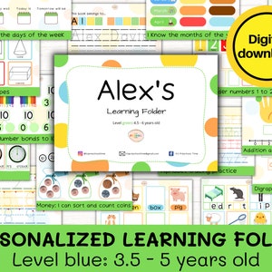 May include: A personalised learning folder for children aged 3.5 to 5 years old. The folder has a green cover with the text "Alex's Learning Folder" and a colourful design. The folder includes activities for learning about numbers, shapes, time, money, and more.