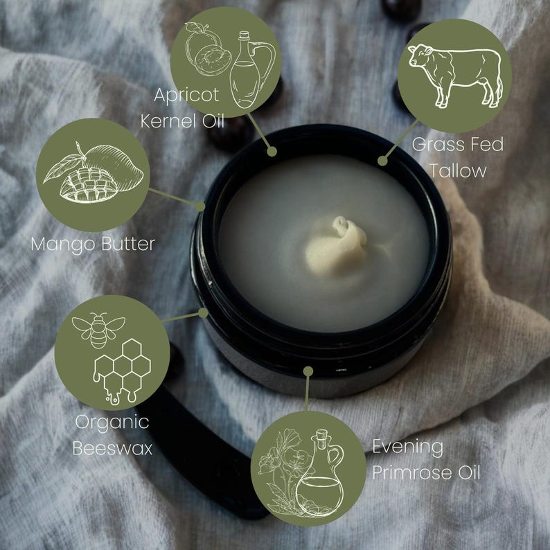 May include: A close-up of a black jar filled with a white cream. The jar is surrounded by green circles with illustrations of ingredients, including mango butter, apricot kernel oil, grass-fed tallow, organic beeswax, and evening primrose oil.