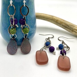 Whimsical Dangle Earrings, Colorful, Sea Glass, Chain, Handmade