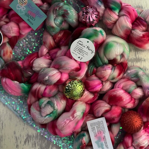 Feelin' Merry  on Dream - merino/mulberry silk / small batch Hand Dyed Petite Roving Fiber Braid 50g