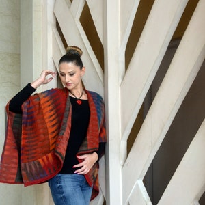 Boiled Merino Wool Poncho Sweater, Reversible Abstract Design, Pockets