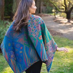 InStyle Boiled WOOL MERINO Poncho Shawl Turquoise colors Wrap Pockets, Reversible, warm, soft, merino wool, FREE Storage Bag Shopping bag image 4