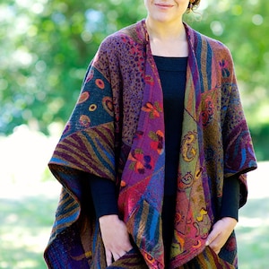 HANDMADE BOILED MERINO Wool Poncho Sweater in Reversible colors with pockets,Abstract Design plum, purple, red,green, jewel tone + Free Bag