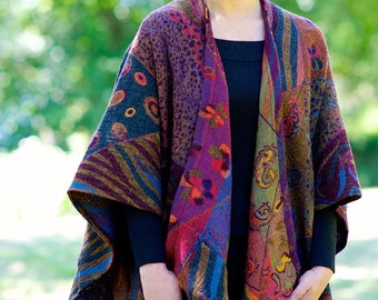 HANDMADE BOILED MERINO Wool Poncho Sweater in Reversible colors with pockets,Abstract Design plum, purple, red,green, jewel tone + Free Bag