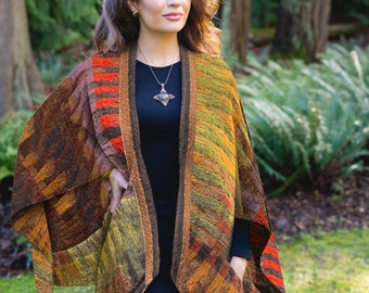 Handmade BOILED MERINO Wool Handmade Poncho Cape Wrap pockets in Reversible Autumn Abstract in Green Orange Colors,Soft, warm, FREE Dust Bag