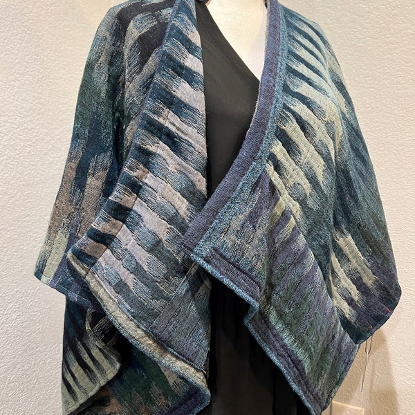 Bestselling BOILED MERINO Wool Handmade Poncho Cape Wrap pockets in Reversible Shades of Blues and grey ,Soft, warm, FREE Dust Bag