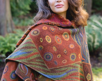 Bestselling BOILED MERINO Wool Handmade Poncho Cape Wrap pockets in Reversible Autumn colors Green Orange Colors,Soft, warm, FREE Dust Bag