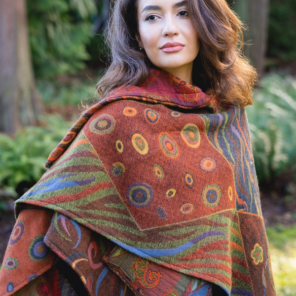 Bestselling BOILED MERINO Wool Handmade Poncho Cape Wrap pockets in Reversible Autumn colors Green Orange Colors,Soft, warm, FREE Dust Bag