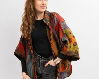 Merino Wool Kimono Jacket, Reversible Autumn Sweater with Pockets