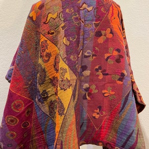 HANDMADE BOILED MERINO Wool Poncho Sweater in Reversible colors with pockets,Abstract Design plum, purple, red,green, jewel tone Free Bag image 3