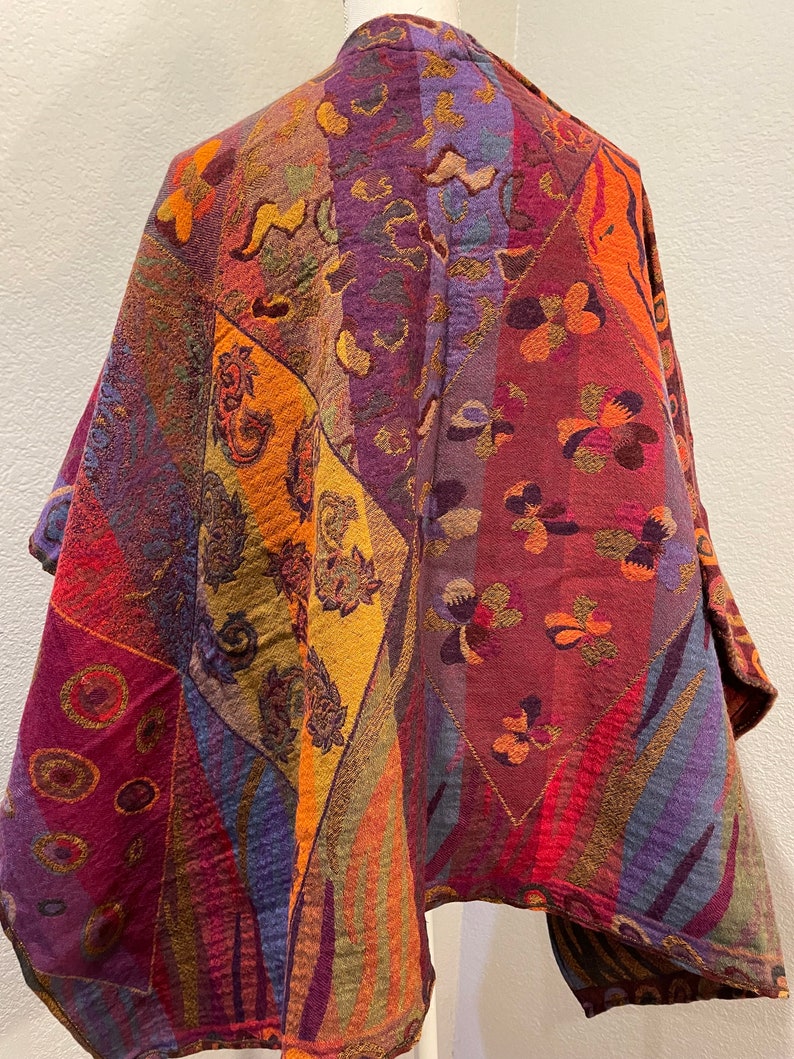 HANDMADE BOILED MERINO Wool Poncho Sweater in Reversible colors with pockets,Abstract Design plum, purple, red,green, jewel tone Free Bag image 3