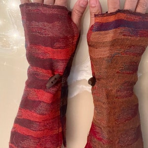 HANDMADE Boiled Merino Wool Fingerless Gloves with Toggle and side slit Red