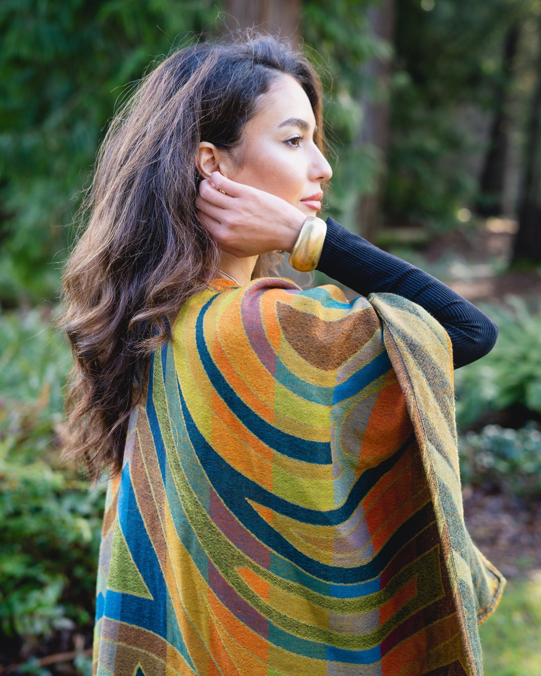 Ladies Boiled MERINO Wool Reversible Poncho Cape in Citron