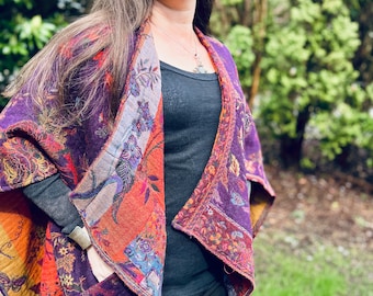 Travel Cape with Pockets in 100% MERINO WOOL  Poncho Cape  in Plum Bird Pattern Purple Colors with Pockets FREE Dust Bag