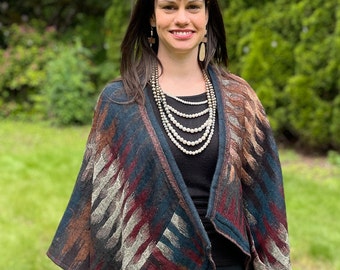 Ladies Boiled Wool Reversible Poncho Cape Morocco Abstract Pattern in Brown Black & Red Colors