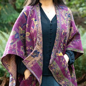 Purple Bird Merino Wool Poncho Shawl with Pockets - Reversible Wrap